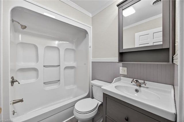 503 Tarleton Ave, Burlington, NC 27215 - bathroom with wainscoting, ornamental molding, vanity, and shower / bathtub combination