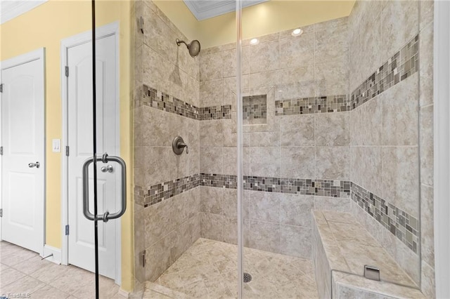 653 Piedmont Crossing Dr, High Point, NC 27265 - full bathroom with ornamental molding, a stall shower, and tile patterned flooring