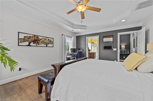 653 Piedmont Crossing Dr, High Point, NC 27265 - bedroom with wood finished floors, crown molding, recessed lighting, a raised ceiling, and ceiling fan