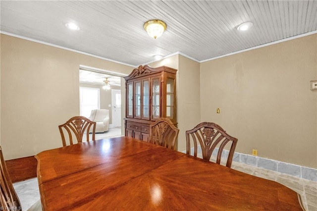 1821 Johnson St, High Point, NC 27262 - dining area with wooden ceiling, a ceiling fan, recessed lighting, and ornamental molding