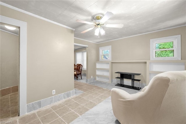 1821 Johnson St, High Point, NC 27262 - living room with crown molding, tile patterned floors, and ceiling fan