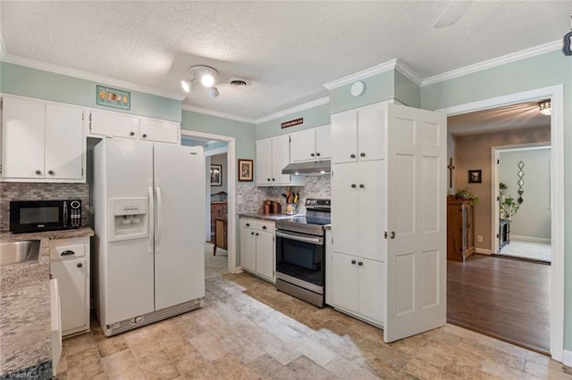kitchen with white fridge with ice dispenser, electric range, under cabinet range hood, black microwave, and backsplash