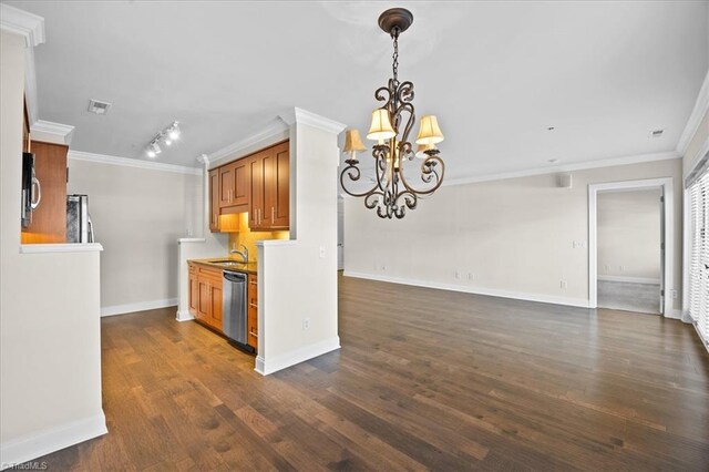 6832 Main St Unit 226, Wilmington, NC 28405 - kitchen featuring stainless steel dishwasher, a chandelier, brown cabinetry, ornamental molding, and dark wood-style flooring