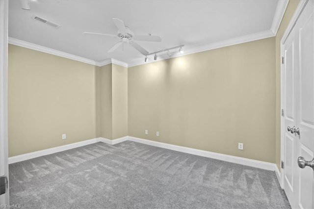 6832 Main St Unit 226, Wilmington, NC 28405 - empty room featuring rail lighting, carpet flooring, ornamental molding, and a ceiling fan