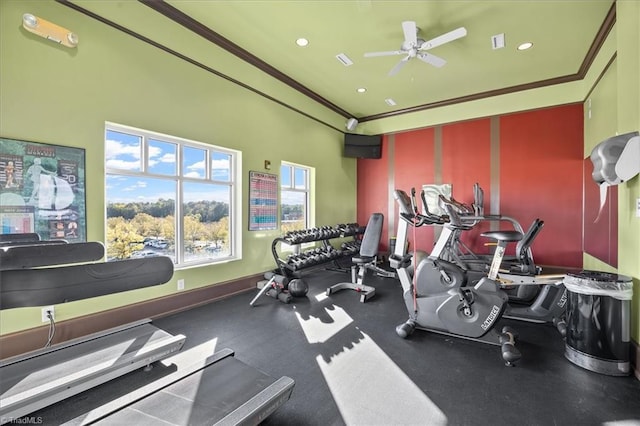 6832 Main St Unit 226, Wilmington, NC 28405 - exercise room featuring ornamental molding, a ceiling fan, and recessed lighting