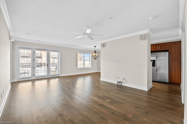 6832 Main St Unit 226, Wilmington, NC 28405 - unfurnished living room featuring a chandelier, dark wood-style flooring, ornamental molding, and ceiling fan