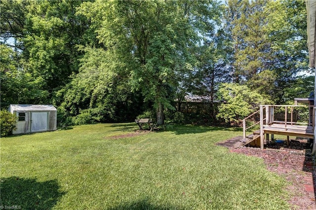 2405 Ellington St, Greensboro, NC 27403 - view of green lawn with a storage unit and a deck