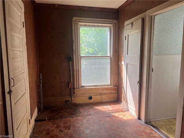 spare room featuring wood walls and brick floor