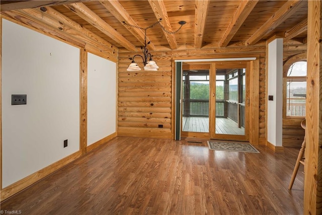 1310 Lynchburg Rd, Westfield, NC 27053 - unfurnished dining area featuring log walls, wood finished floors, beamed ceiling, and wooden ceiling