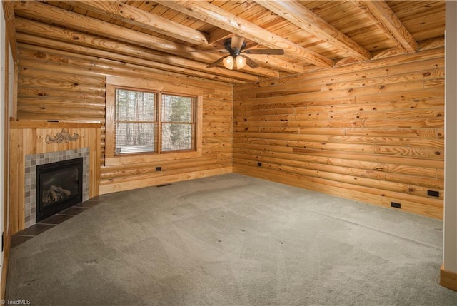 1310 Lynchburg Rd, Westfield, NC 27053 - unfurnished living room with log walls, beam ceiling, wooden ceiling, and a ceiling fan