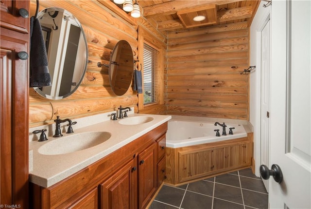 1310 Lynchburg Rd, Westfield, NC 27053 - full bathroom featuring a sink, rustic walls, wooden ceiling, and tile patterned flooring
