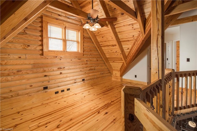 1310 Lynchburg Rd, Westfield, NC 27053 - bonus room featuring wood ceiling, vaulted ceiling with beams, a ceiling fan, and wood finished floors