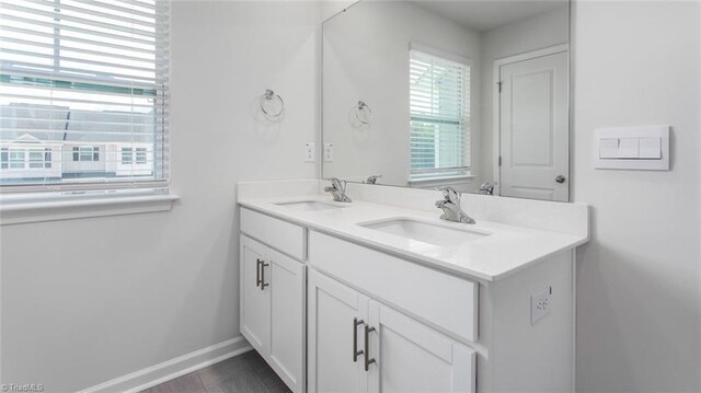 bathroom with double vanity, baseboards, and a sink