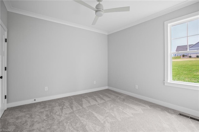 spare room with carpet floors, a ceiling fan, visible vents, and ornamental molding