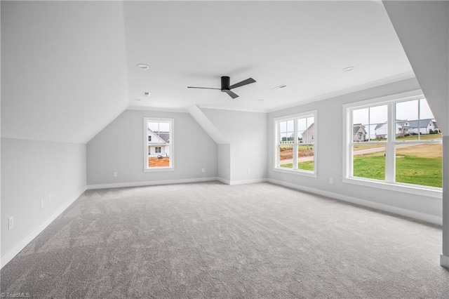 additional living space with a ceiling fan, baseboards, a healthy amount of sunlight, and carpet