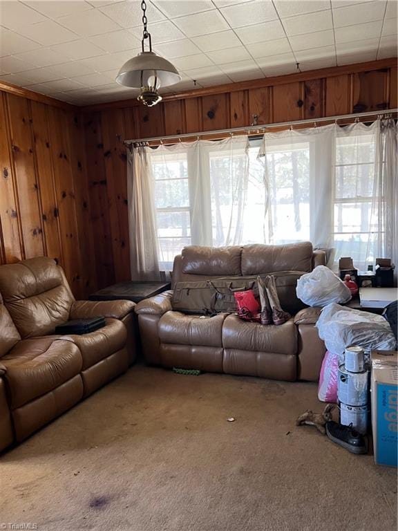 carpeted living room featuring wooden walls