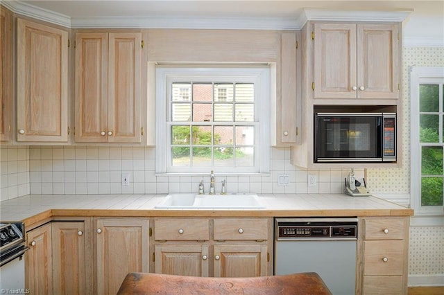 515 N Pine Valley Rd N, Winston-Salem, NC 27106 - kitchen with dishwasher, black microwave, range, light brown cabinetry, and ornamental molding