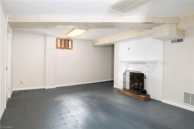 515 N Pine Valley Rd N, Winston-Salem, NC 27106 - unfurnished living room with baseboards and a brick fireplace