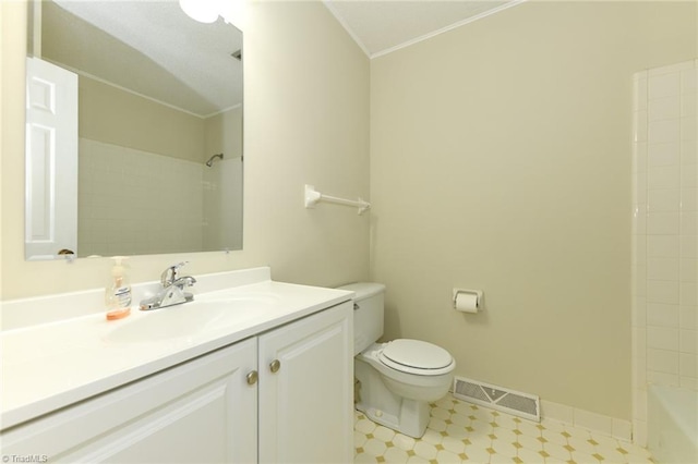 full bath with ornamental molding, toilet, vanity, tile patterned floors, and baseboards