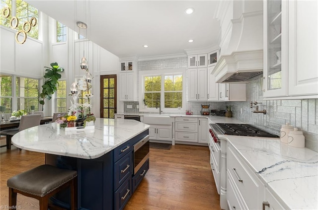 6323 Nesting Way, Oak Ridge, NC 27310 - kitchen with stainless steel microwave, range with two ovens, blue cabinetry, white cabinetry, and custom range hood