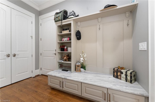 6323 Nesting Way, Oak Ridge, NC 27310 - mudroom featuring wood finished floors and crown molding