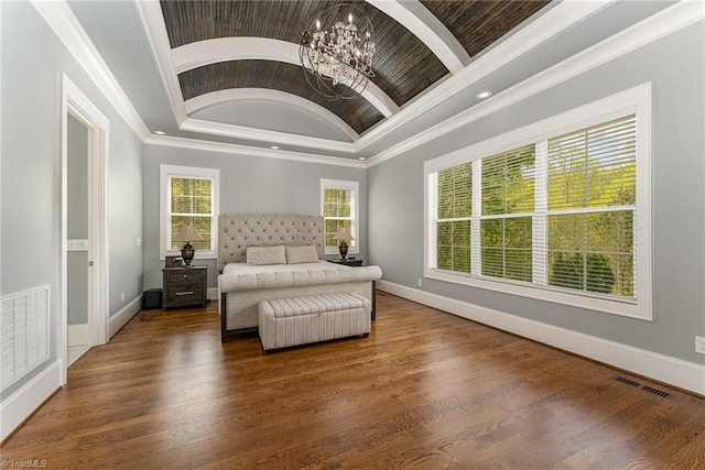 6323 Nesting Way, Oak Ridge, NC 27310 - bedroom with a raised ceiling, visible vents, crown molding, and an inviting chandelier