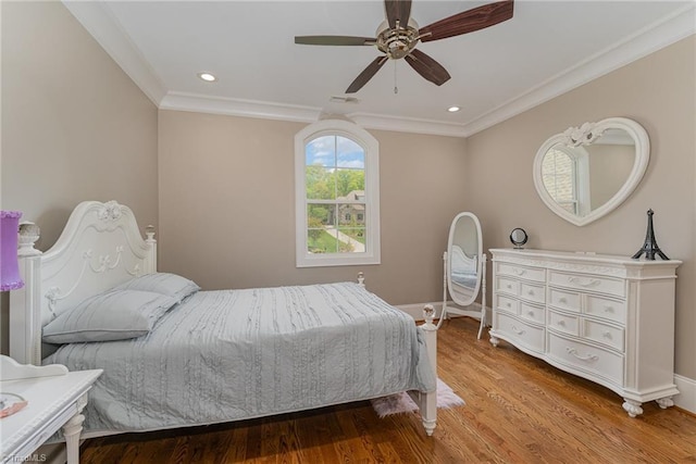 6323 Nesting Way, Oak Ridge, NC 27310 - bedroom with recessed lighting, light wood-type flooring, crown molding, and ceiling fan