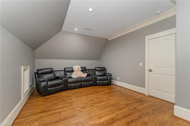 6323 Nesting Way, Oak Ridge, NC 27310 - cinema with vaulted ceiling, light wood-type flooring, baseboards, visible vents, and recessed lighting