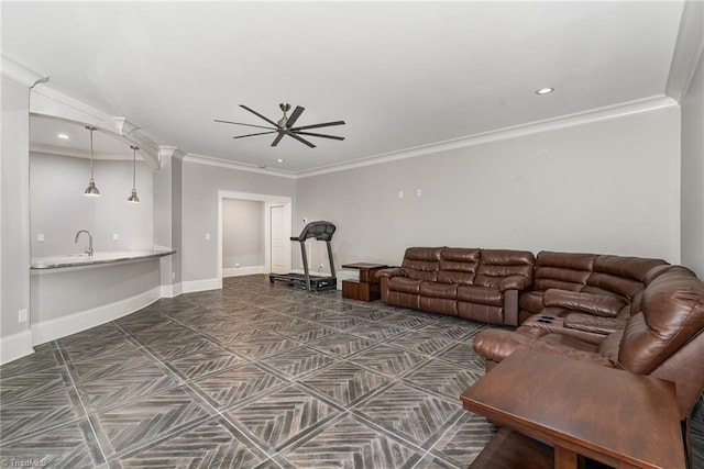 6323 Nesting Way, Oak Ridge, NC 27310 - living room featuring ornamental molding, baseboards, a ceiling fan, and recessed lighting