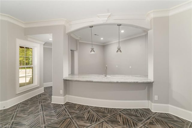 6323 Nesting Way, Oak Ridge, NC 27310 - bar featuring recessed lighting, decorative light fixtures, crown molding, and baseboards