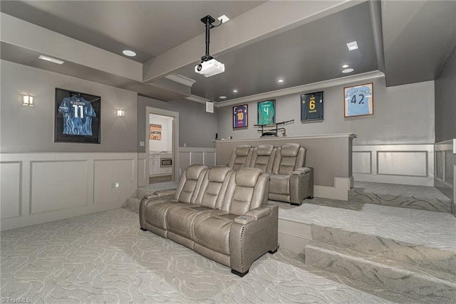 6323 Nesting Way, Oak Ridge, NC 27310 - carpeted home theater with a decorative wall, crown molding, a wainscoted wall, and recessed lighting