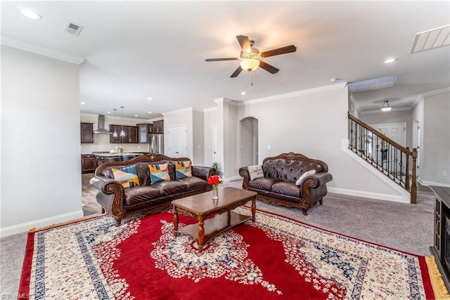 2110 Owls View Ln, Colfax, NC 27235 - living room featuring ornamental molding, a ceiling fan, recessed lighting, stairway, and carpet flooring