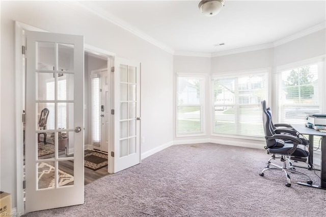 2110 Owls View Ln, Colfax, NC 27235 - carpeted office space featuring french doors, crown molding, and plenty of natural light