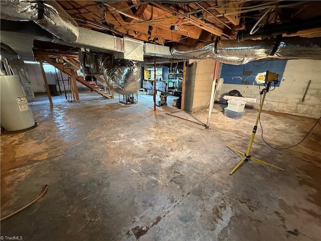 1632 Sanford Dr, Winston-Salem, NC 27105 - unfinished basement featuring electric water heater and stairway