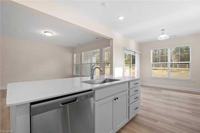 kitchen featuring white cabinetry, stainless steel dishwasher, plenty of natural light, and sink