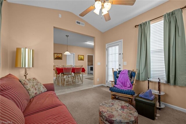 2503 Macdougall Dr, Burlington, NC 27217 - living room featuring visible vents, ceiling fan, vaulted ceiling, and carpet floors
