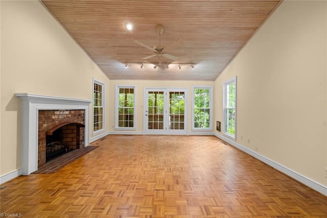 986 Avon Rd, Winston-Salem, NC 27104 - unfurnished living room featuring wooden ceiling, baseboards, a ceiling fan, vaulted ceiling, and a fireplace