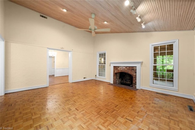 986 Avon Rd, Winston-Salem, NC 27104 - unfurnished living room with wooden ceiling, ceiling fan, baseboards, a brick fireplace, and high vaulted ceiling