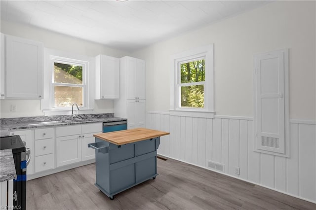 4221 Old Greensboro Rd, Winston-Salem, NC 27101 - kitchen with a sink, butcher block counters, wainscoting, white cabinets, and plenty of natural light