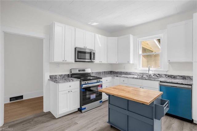 4221 Old Greensboro Rd, Winston-Salem, NC 27101 - kitchen with appliances with stainless steel finishes, wood counters, white cabinets, light wood-style floors, and a sink