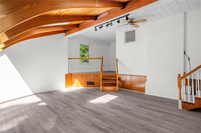 4221 Old Greensboro Rd, Winston-Salem, NC 27101 - empty room featuring wood finished floors, ceiling fan, wooden ceiling, track lighting, and stairway