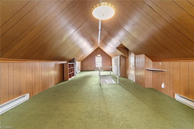 additional living space featuring wooden ceiling, lofted ceiling, wood walls, and baseboard heating