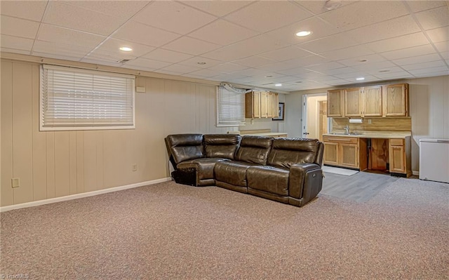 living room with carpet flooring and sink