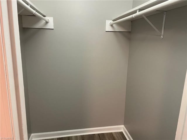 walk in closet with dark hardwood / wood-style floors