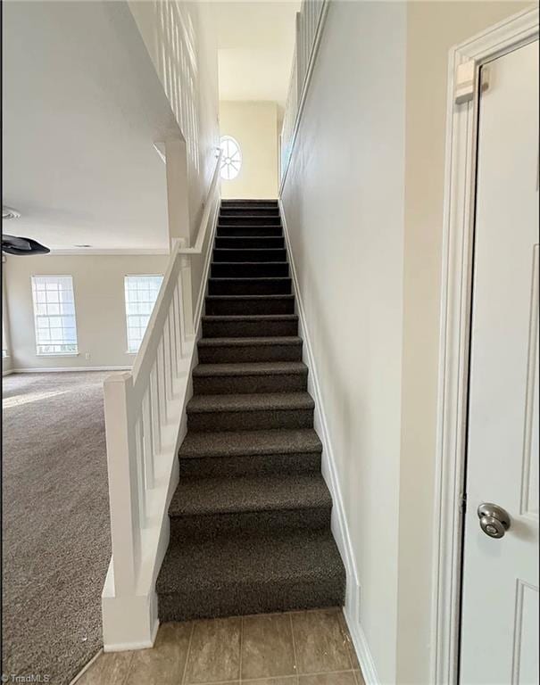 5608 David Christian Pl, Greensboro, NC 27410 - stairway featuring carpet, baseboards, and tile patterned floors