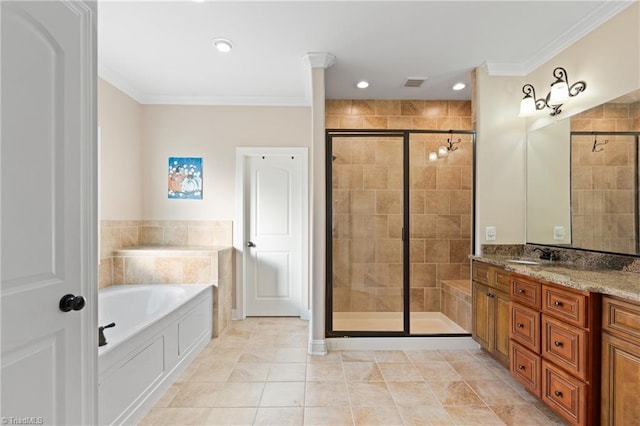 bathroom with vanity, crown molding, shower with separate bathtub, and tile patterned flooring