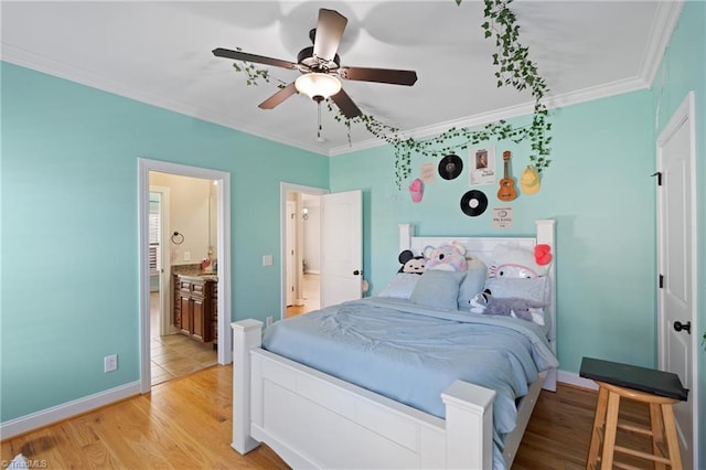 bedroom with ensuite bathroom, crown molding, light hardwood / wood-style flooring, and ceiling fan