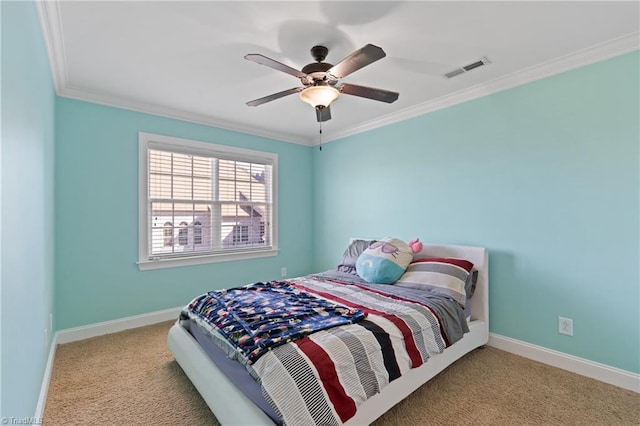 carpeted bedroom with crown molding and ceiling fan