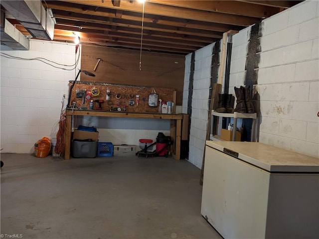 basement featuring fridge and a workshop area