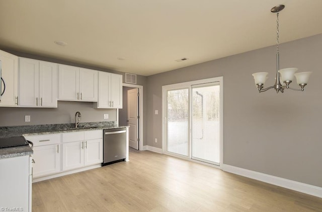 kitchen featuring sink, white cabinetry, decorative light fixtures, light hardwood / wood-style flooring, and stainless steel dishwasher